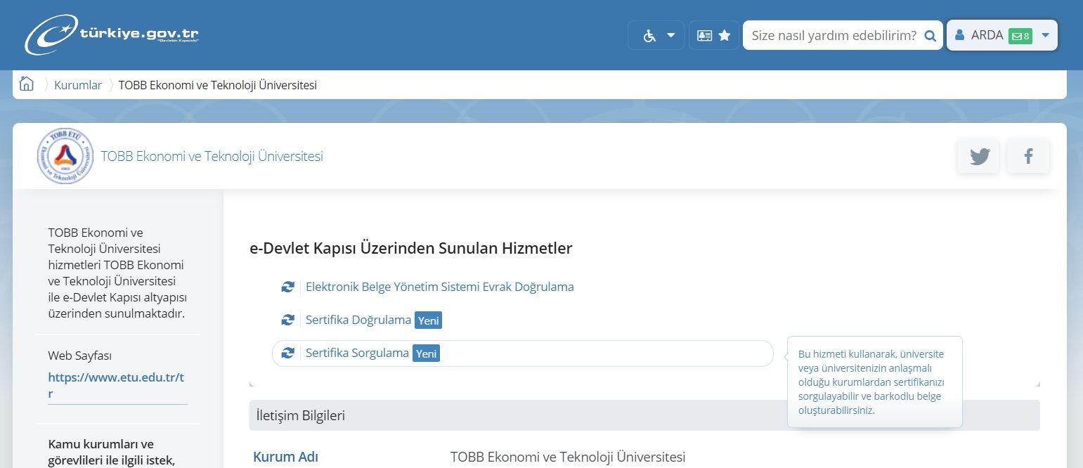 TOBB Ekonomi ve Teknoloji Üniversitesi Sertifikaları E-Devlet Onaylı Oldu